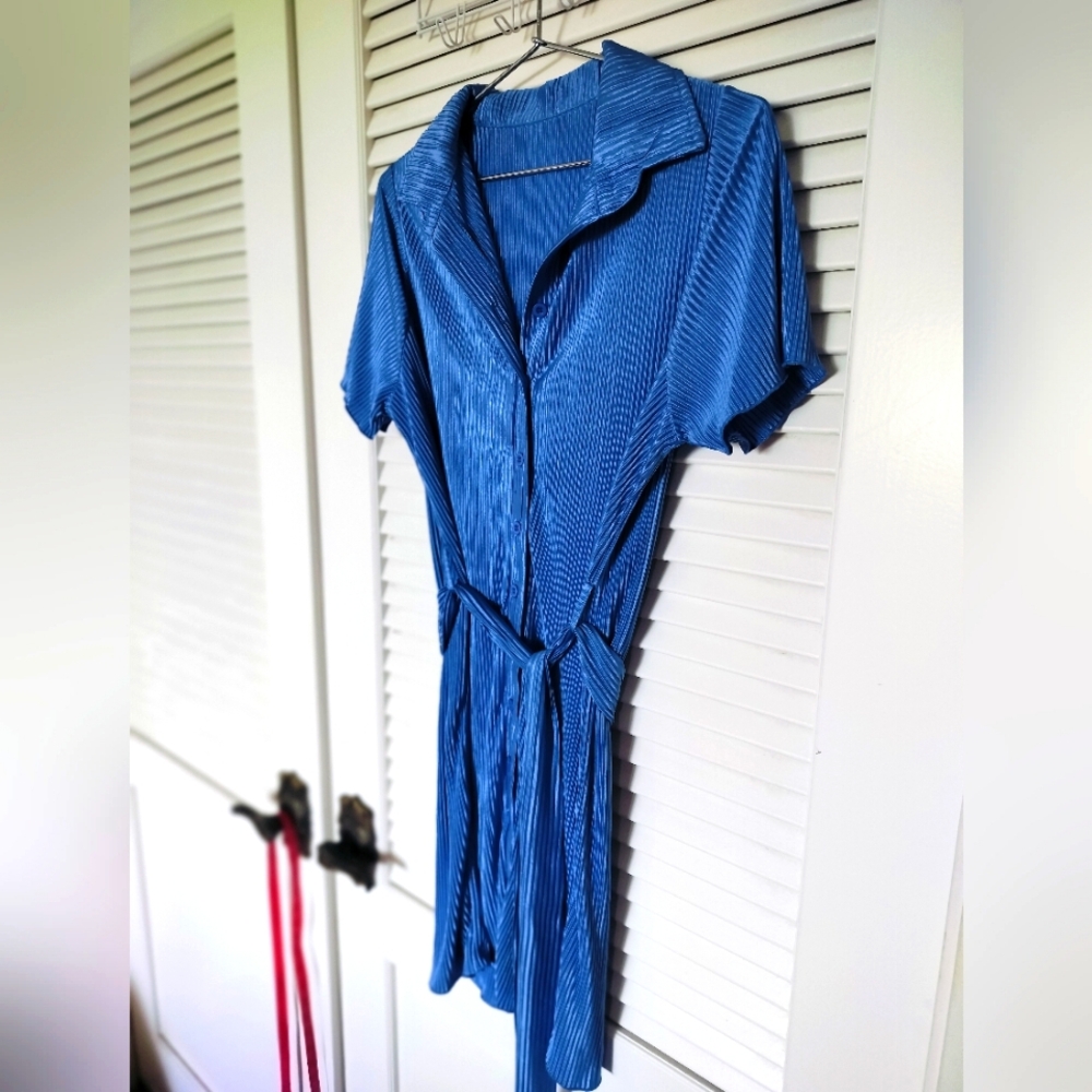 Lyaner Women's Button Front Collared Blue Dress Silky Soft Size Small